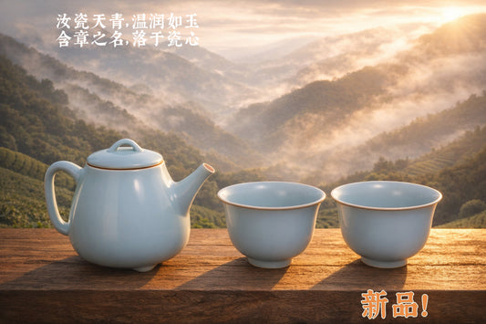 王先生专属定制｜含章系列🫖汝窑 · 天青｜石瓢壶 × 铃铛杯 套组（1壶2杯）