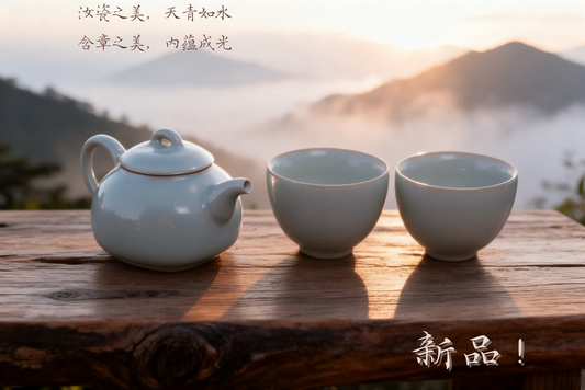 王先生专属定制｜含章系列🫖汝窑 · 天青｜四方壶 × 鸡心杯 套组（1壶2杯）